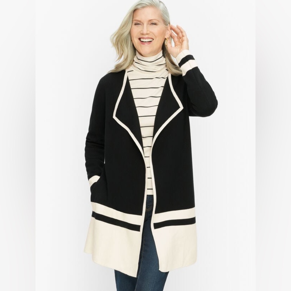 Talbots Cream Drape Front Open Merino Wool Cardigan Sweater Black Sz Small